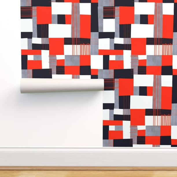 Removable Water-Activated Wallpaper Bold Geometric Abstract Tartan Red Black